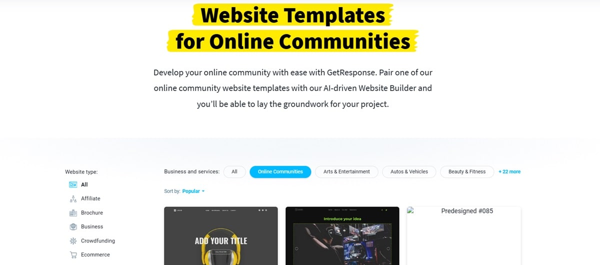 GetResponse website templates for online communities